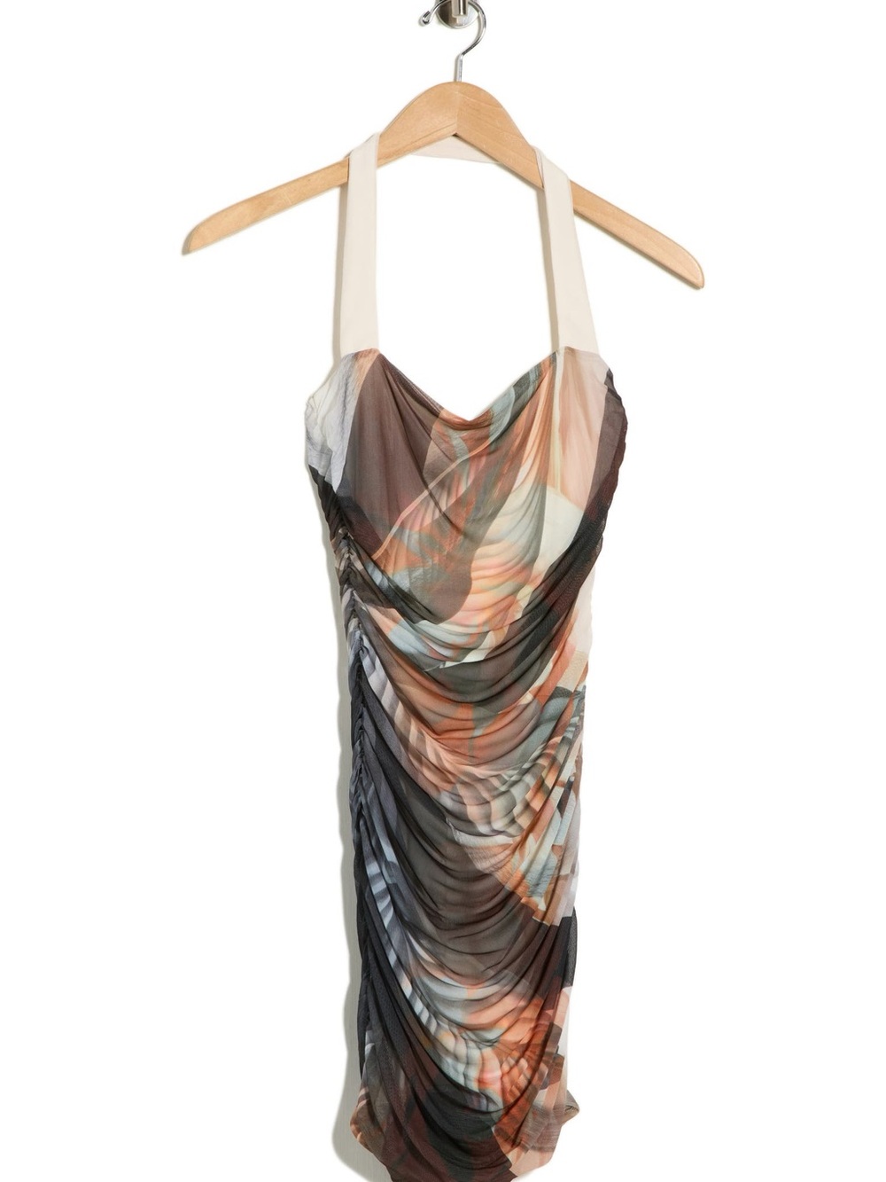 AFRM Ruched Halter Mini Dress in Cream, Brown, Orange, Green